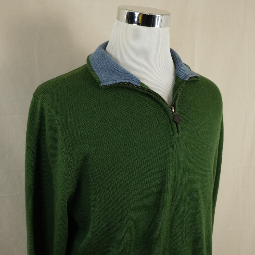Brooks Brothers Medium 1/4 Zip Sweater Green 100% Merino Wool Causal Luxury Mens